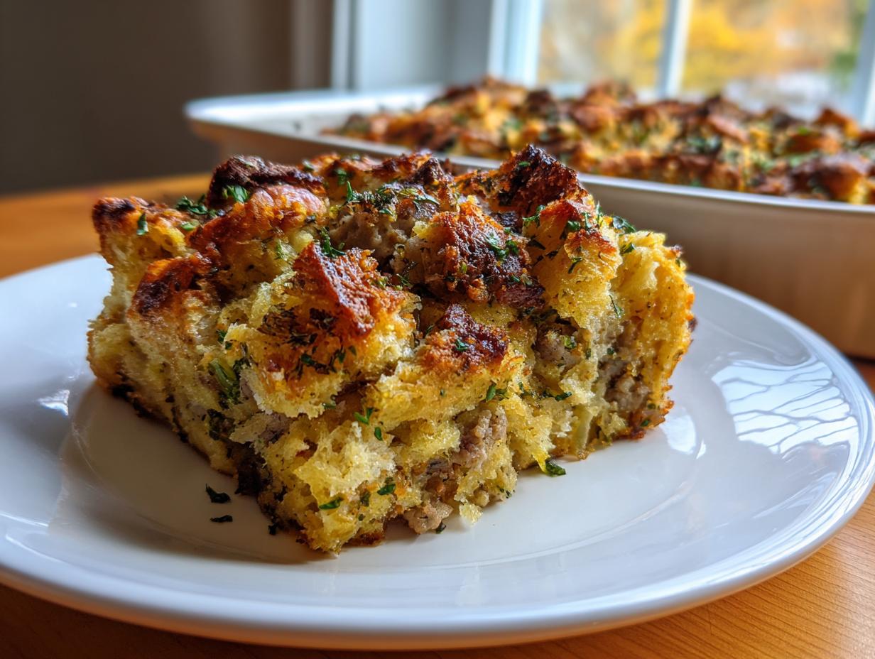 A golden-brown slice of sausage stuffing served on a white plate, showing a crispy top.