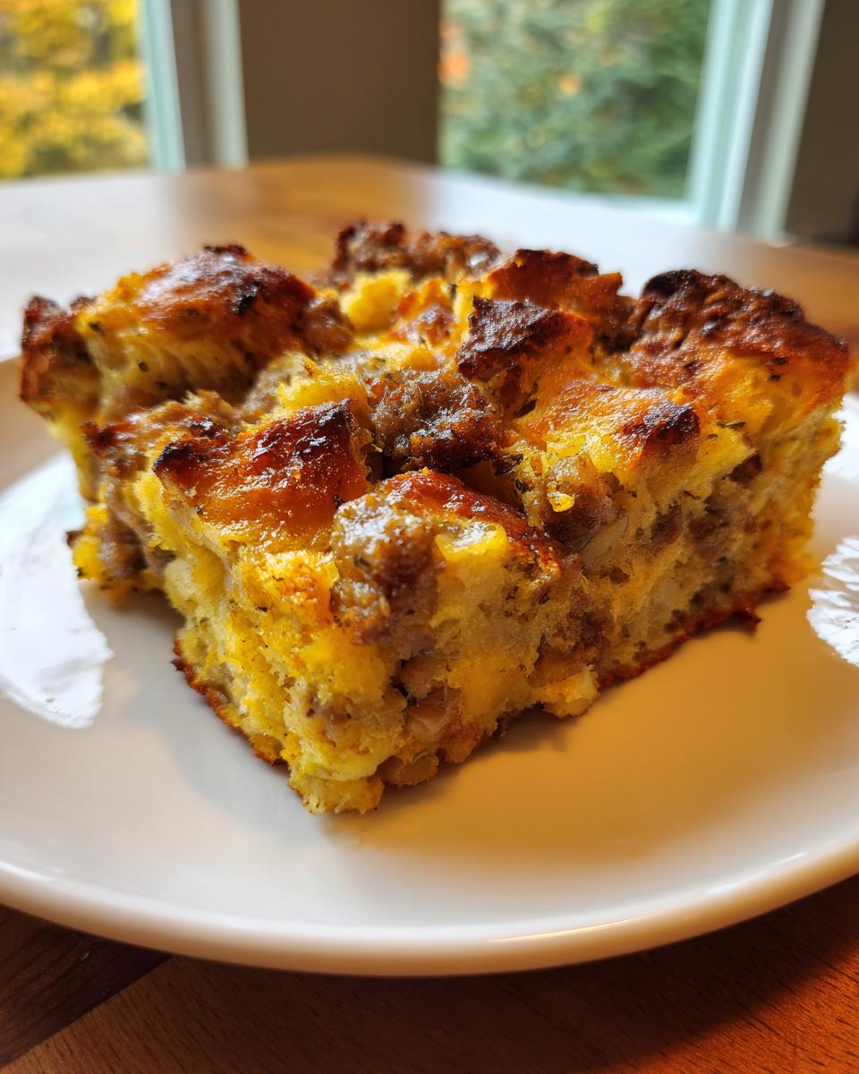 A close-up of a square slice of savory sausage stuffing with a golden, crispy top, served on a white plate.