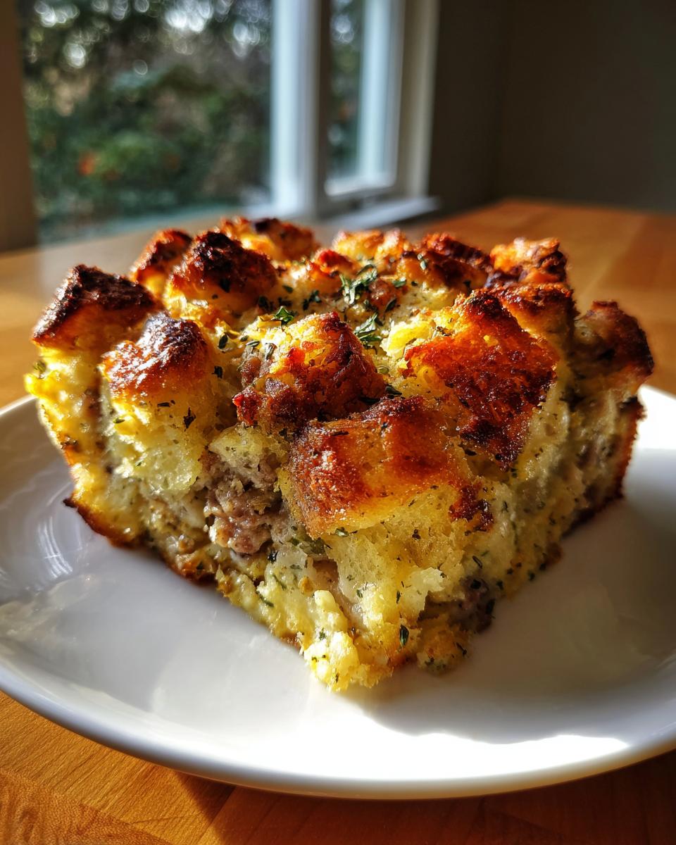 A perfectly baked square slice of sausage stuffing with crispy, browned top edges, served on a white plate.