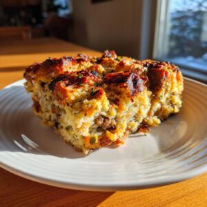 A close-up of a golden brown, savory slice of sausage stuffing on a white plate.
