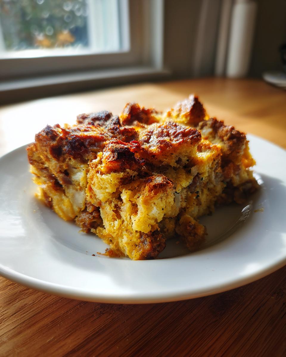 A close-up of a square slice of baked sausage stuffing with a crispy, browned top, served on a white plate.