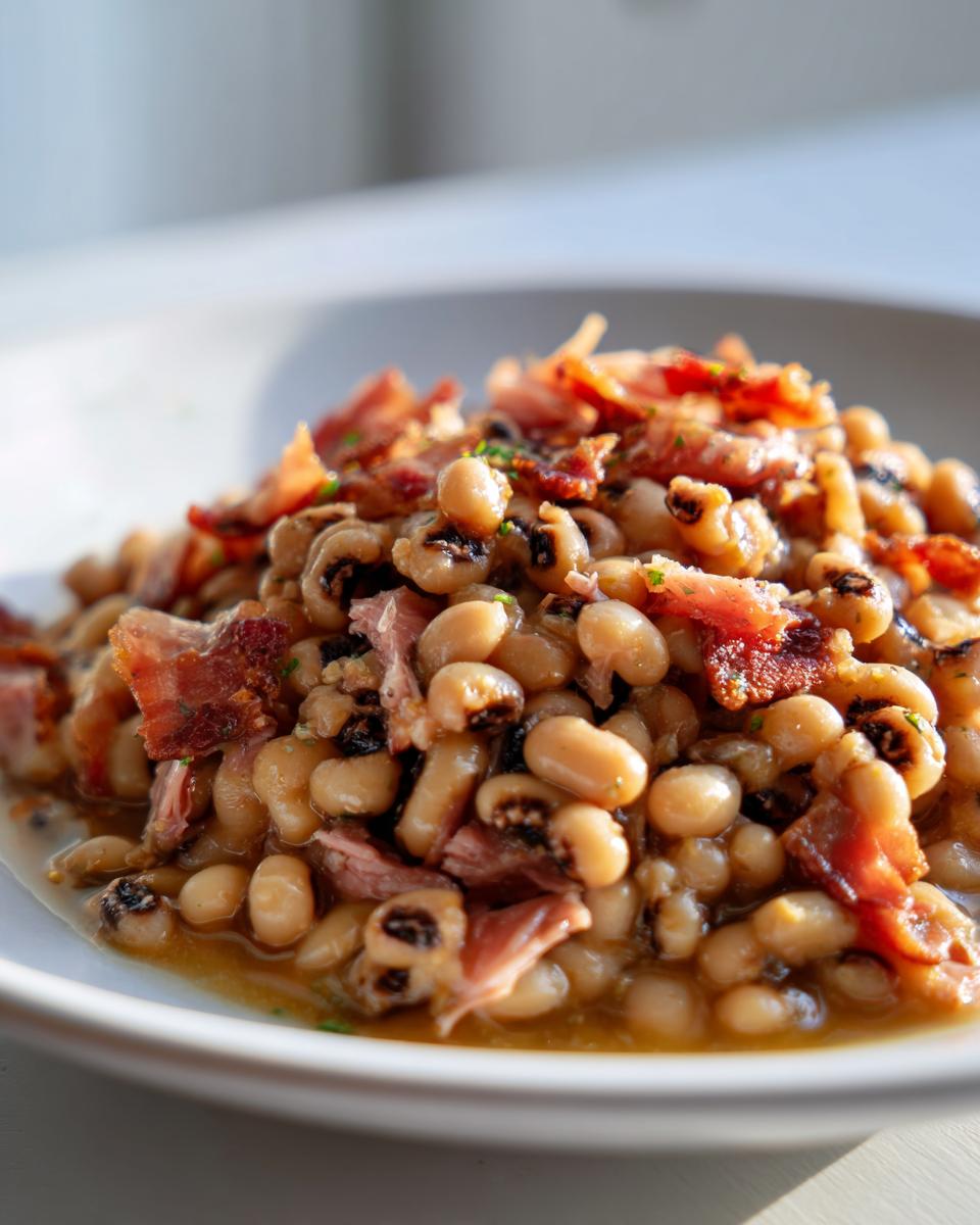 Close-up of savory black eyed peas recipe cooked with smoky pieces of bacon served in a white bowl.