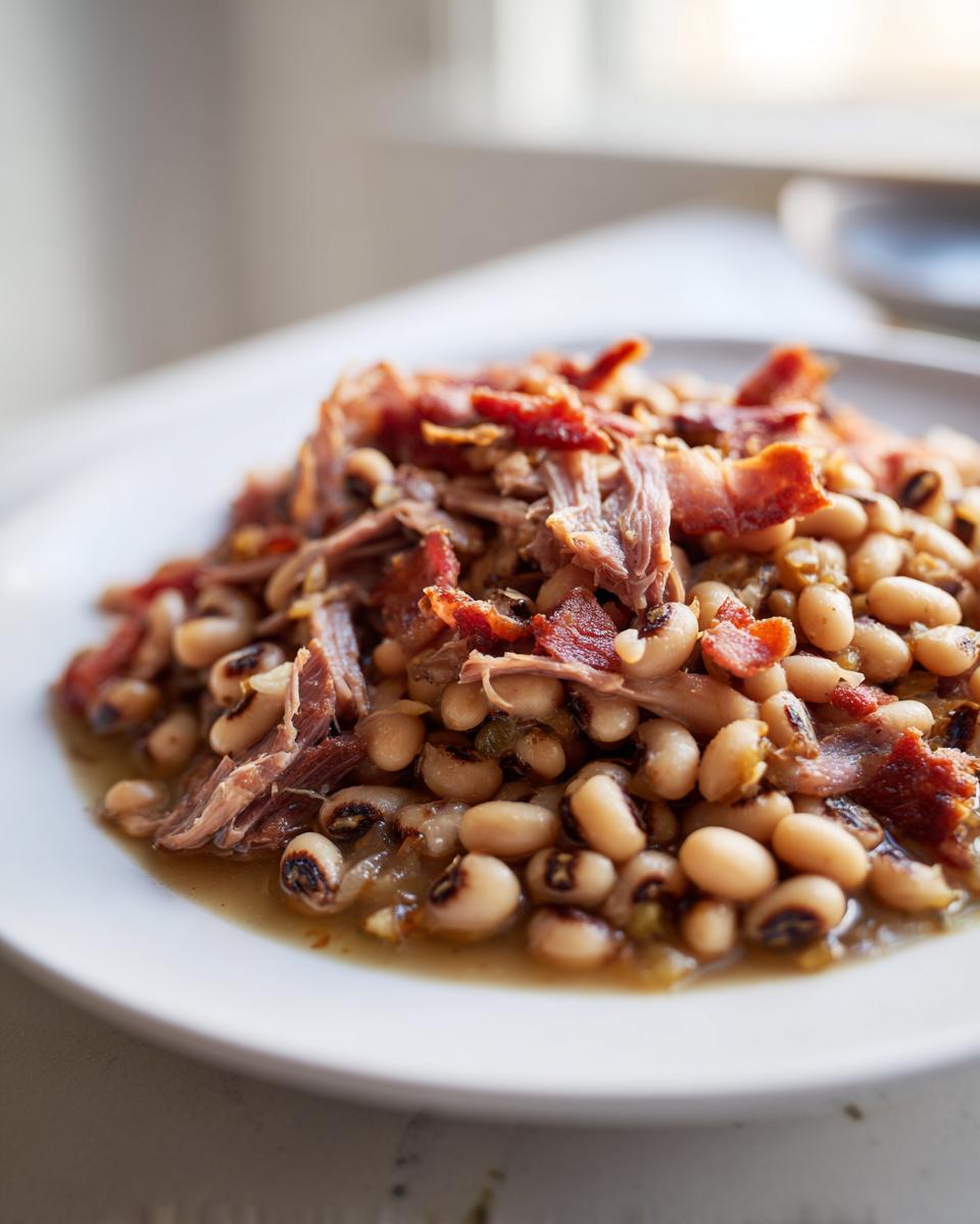 A close-up of a white plate featuring a savory black eyed peas recipe topped with pulled pork and crispy bacon pieces.