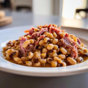 A close-up of a savory black eyed peas recipe served on a white plate, topped generously with shredded smoked ham.