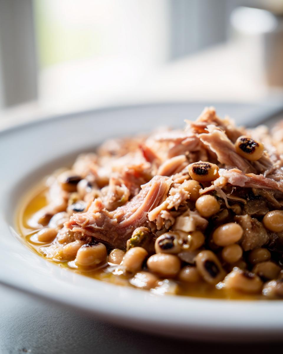 Close-up of a hearty bowl of savory black eyed peas recipe topped with shredded pulled pork in broth.