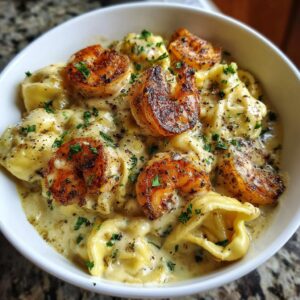 A close-up of Shrimp Tortellini Alfredo in a white bowl, featuring plump shrimp and tortellini pasta in a creamy Alfredo sauce, garnished with parsley.
