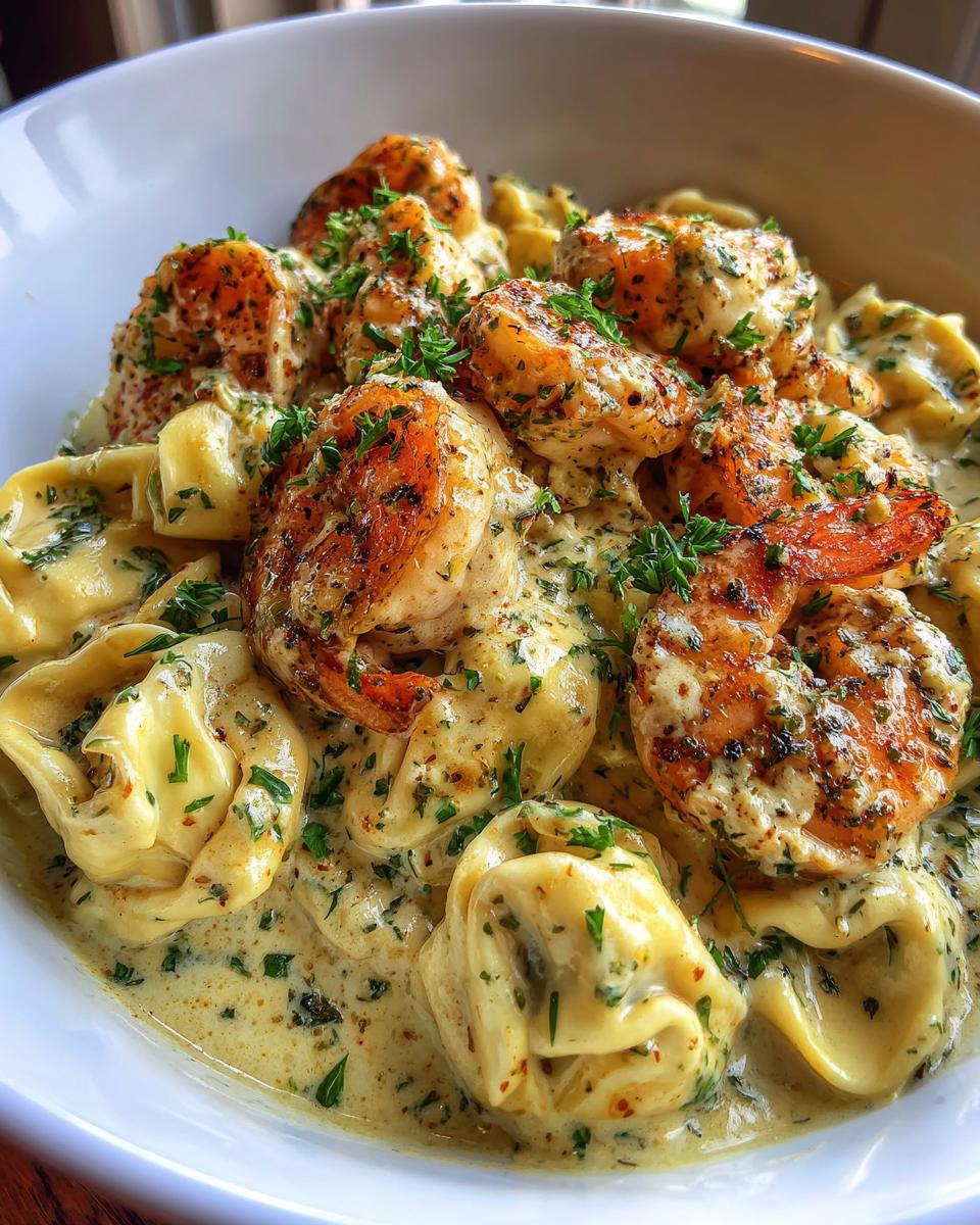 Close-up of Shrimp Tortellini Alfredo in a white bowl, featuring plump shrimp and tortellini pasta coated in a rich Alfredo sauce, garnished with parsley.