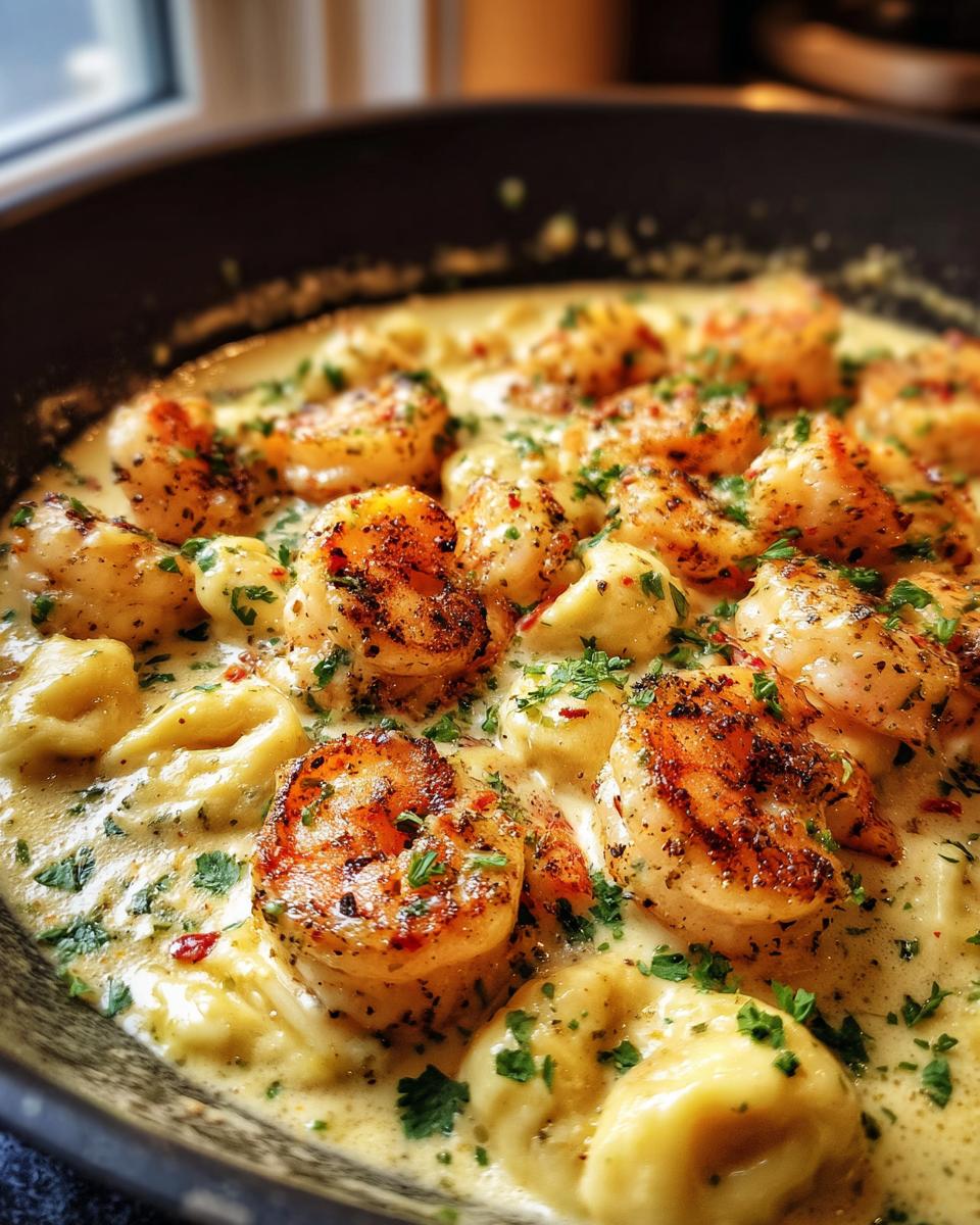 Close-up of Shrimp Tortellini Alfredo in a pan, featuring plump shrimp and tortellini in a rich Alfredo sauce, garnished with parsley.