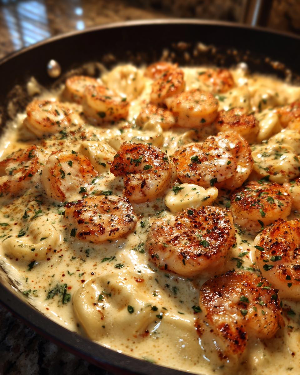 Close-up of a skillet filled with Shrimp Tortellini Alfredo, featuring plump shrimp and tortellini in a creamy sauce, garnished with parsley.
