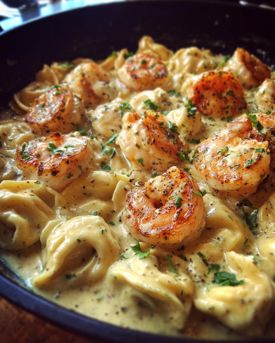 Close-up of Shrimp Tortellini Alfredo in a skillet, featuring plump shrimp and tortellini pasta in a creamy Alfredo sauce, garnished with parsley.
