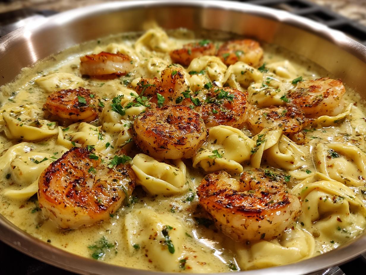 Close-up of Shrimp Tortellini Alfredo in a skillet, featuring plump shrimp and tortellini in a creamy sauce.