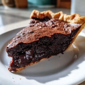 A close-up of a rich, dark slice of hot fudge pie showing a gooey, molten center.