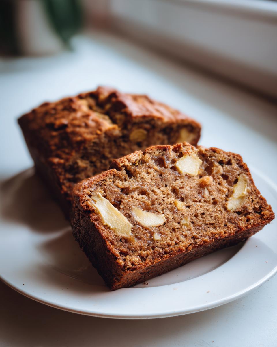 Close-up of a thick slice of moist apple cake showing chunks of baked apple pieces throughout the crumb.