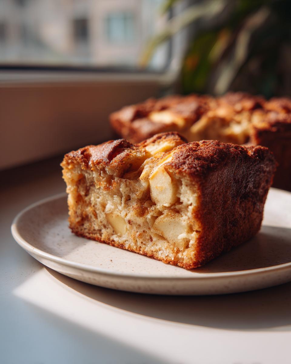 Close-up of a thick slice of moist apple cake, showing chunks of apple and a cinnamon-sugar crust.