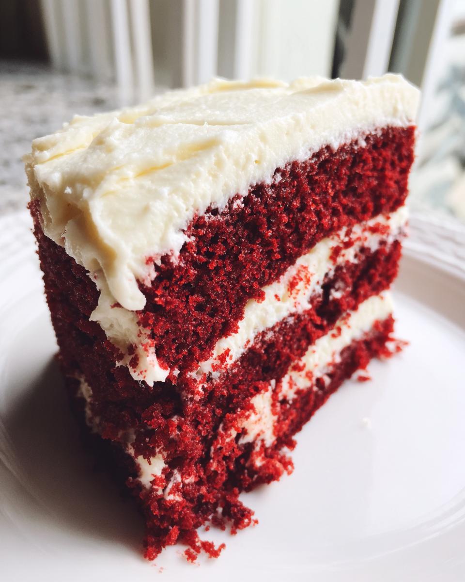 A decadent slice of red velvet cake featuring three layers of deep red cake separated by thick white cream cheese frosting.