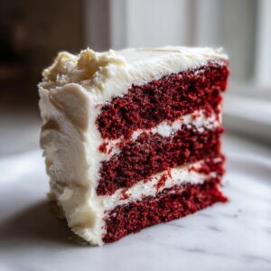 Close-up of a tall, moist slice of red velvet cake layered with thick white cream cheese frosting.