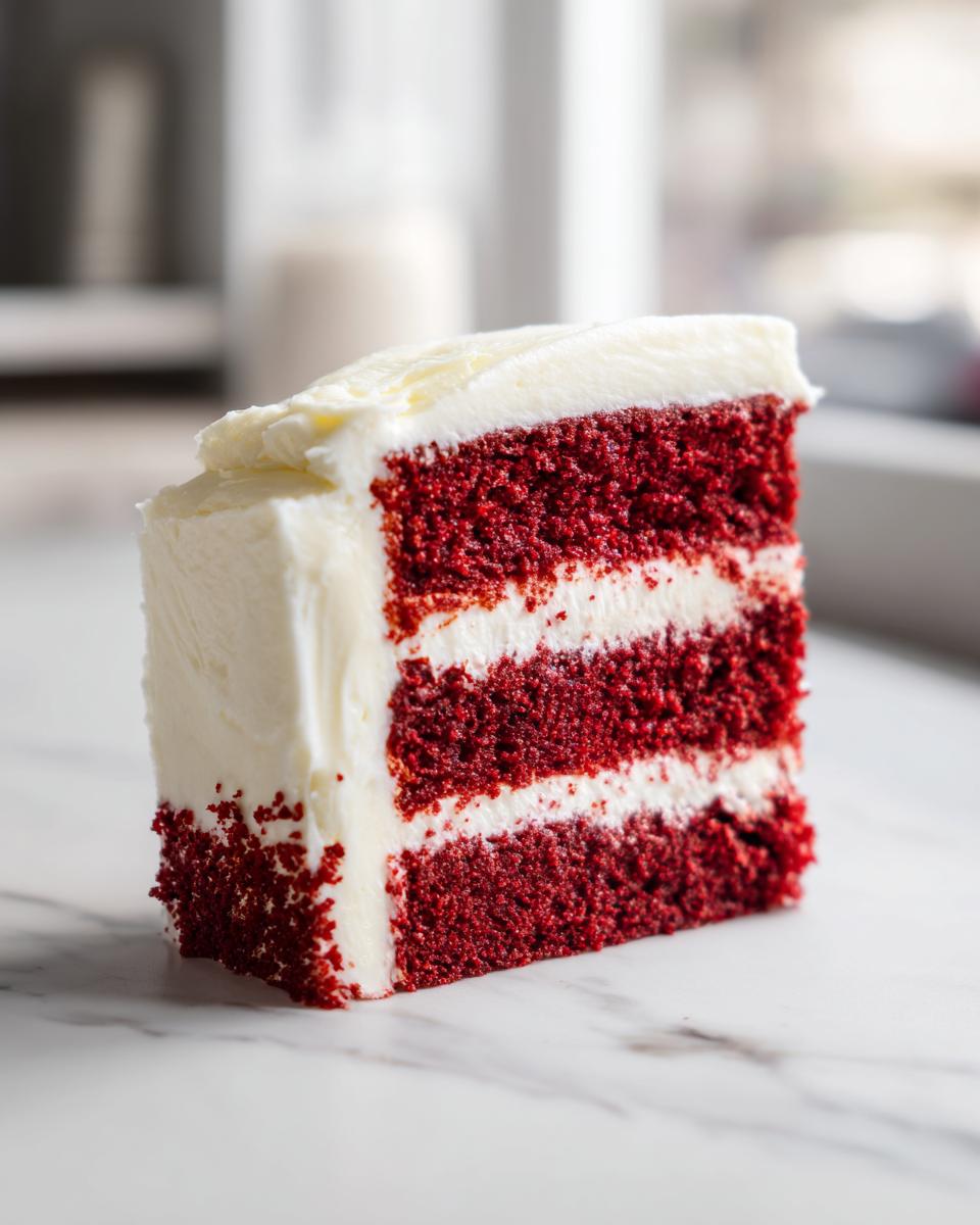 A tall, moist slice of red velvet cake with three layers of deep red sponge and thick cream cheese frosting.