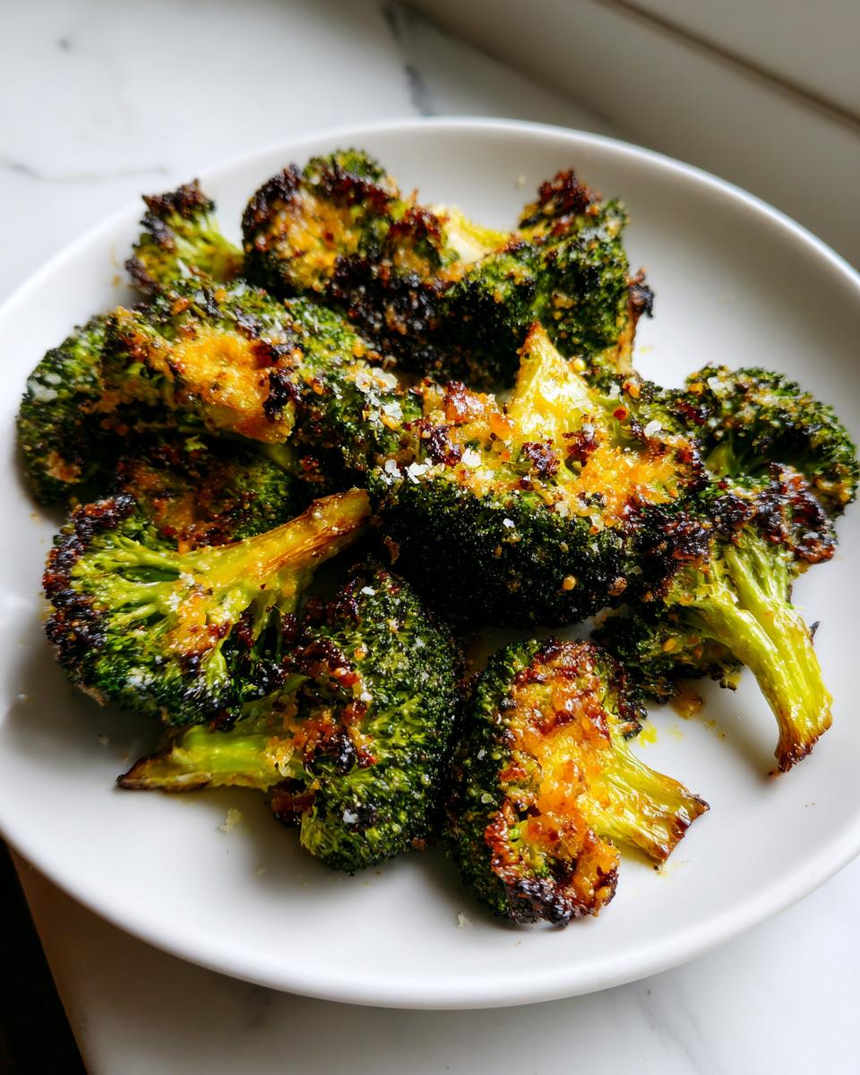 Close-up of crispy, charred smashed broccoli florets seasoned with cheese and served on a white plate.