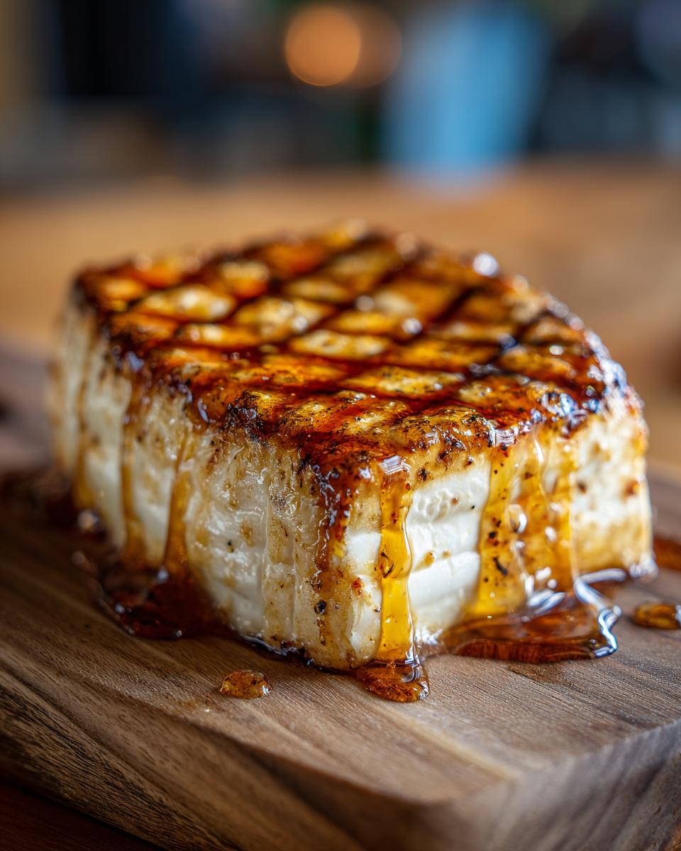 A block of smoked cream cheese drizzled with a glossy, amber glaze on a wooden board.