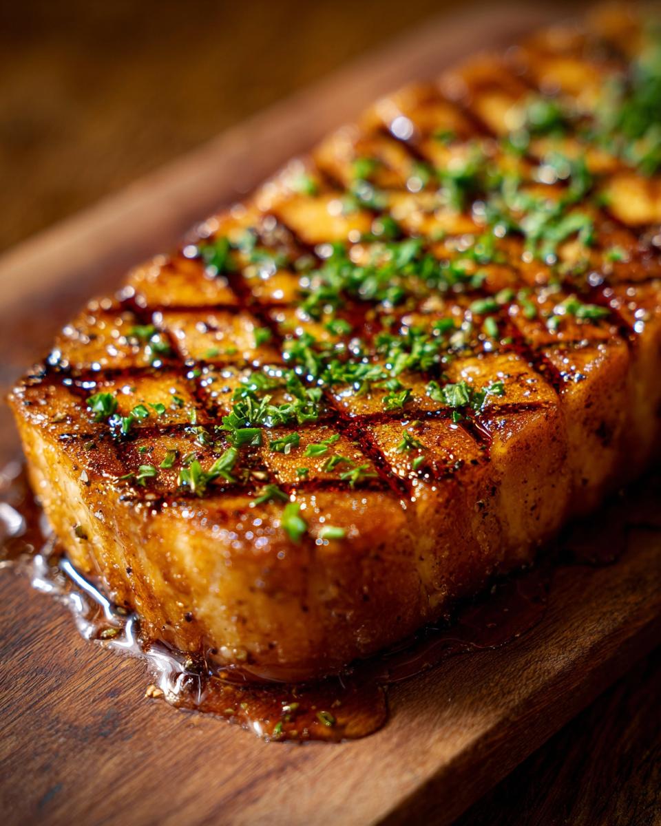 Close-up of a rectangular block of smoked cream cheese, scored and glazed, topped with fresh herbs, on a wooden board.