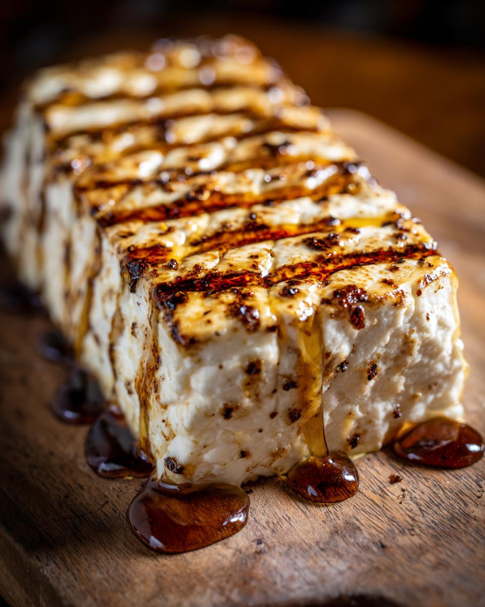A block of smoked cream cheese, grilled and drizzled with a dark glaze, sits on a wooden board.