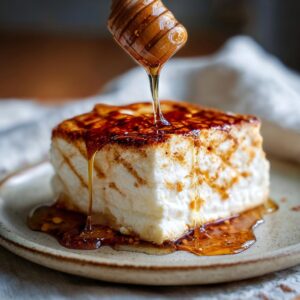 Close-up of a block of smoked cream cheese being drizzled with honey from a wooden honey dipper.
