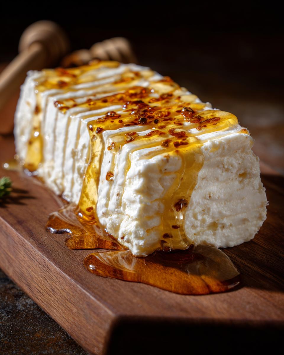 A block of smoked cream cheese drizzled with honey and chili flakes, served on a wooden board.