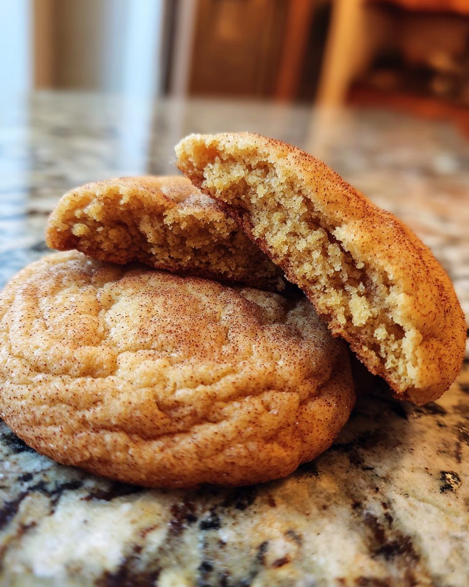 Close-up of two delicious Snickerdoodle cookies, one broken in half to show its soft, chewy interior.