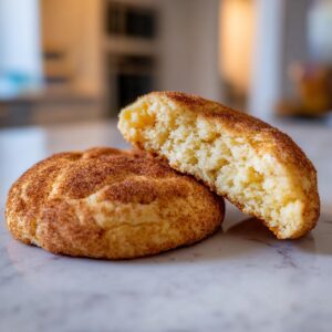Close-up of two perfect Snickerdoodle cookies, one whole and one broken in half to show its soft, chewy interior.