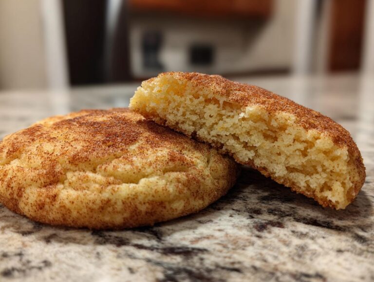 Close-up of two delicious Snickerdoodle cookies, one broken in half to show its soft, chewy interior.