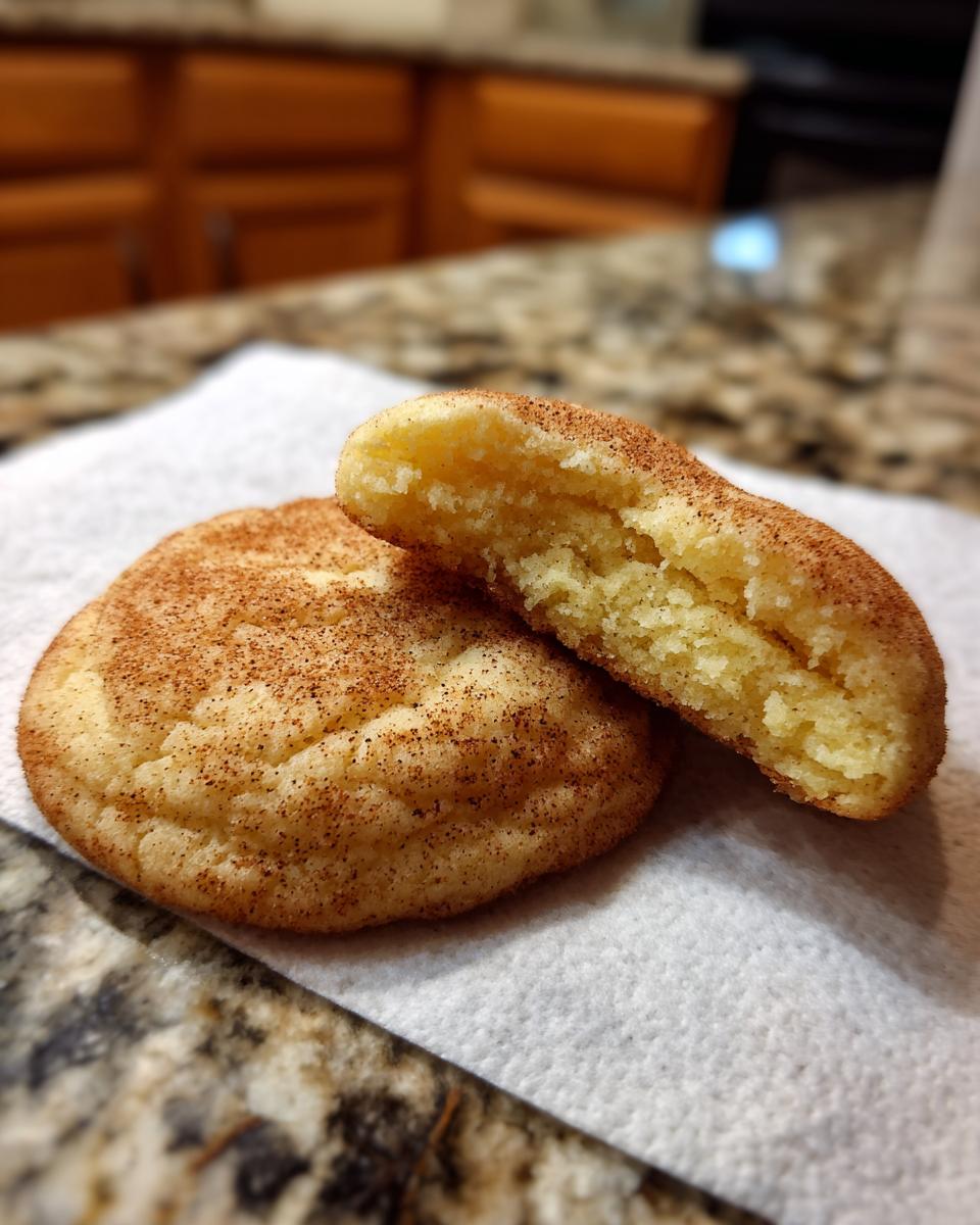 Close-up of two soft Snickerdoodle cookies, one broken in half to show the fluffy interior, coated in cinnamon sugar.