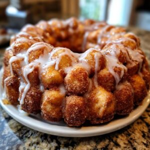 A ring of golden brown sourdough discard monkey bread, drizzled with a sweet white glaze.