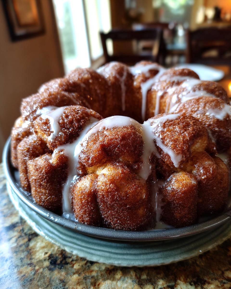 A golden-brown sourdough discard monkey bread, drizzled with white glaze, in a bundt pan.