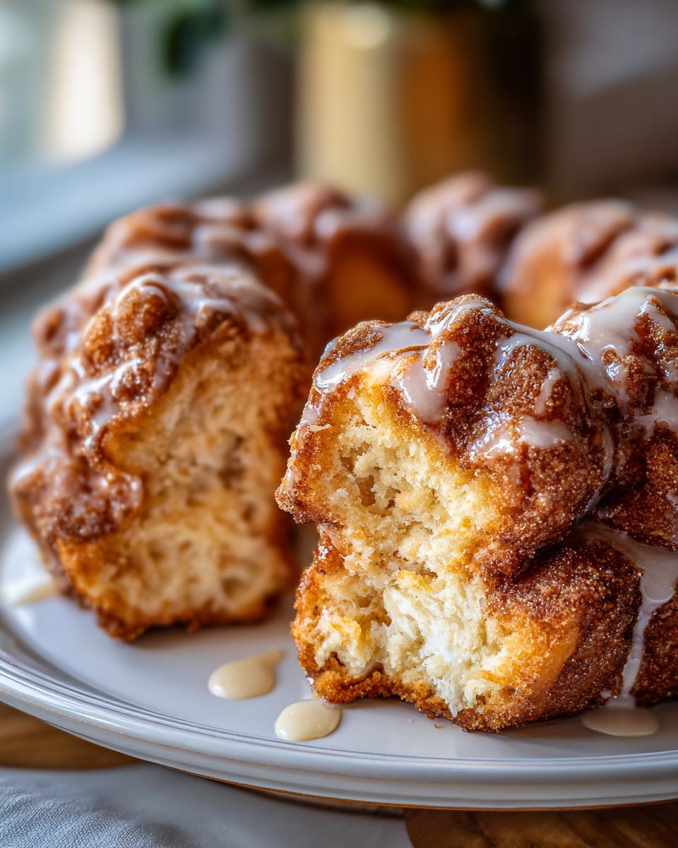 Close-up of Sourdough Discard Monkey Bread, showing a piece pulled apart to reveal a fluffy interior, drizzled with sweet glaze.
