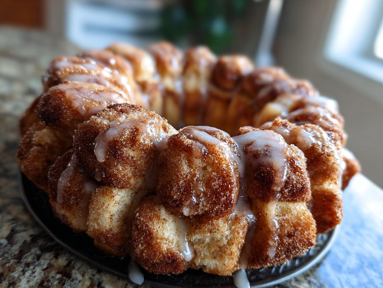 Close-up of a ring of golden-brown sourdough discard monkey bread drizzled with white glaze.