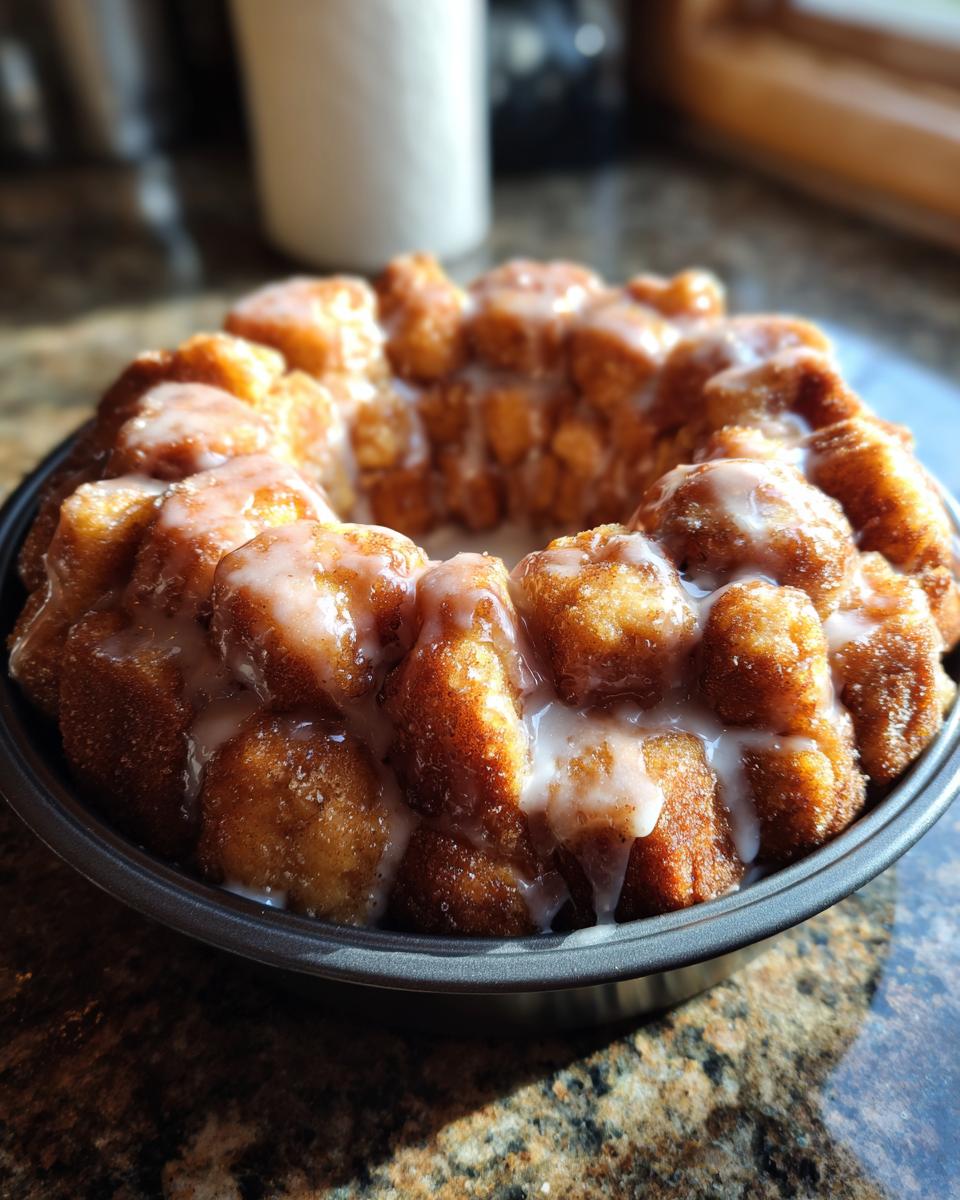Close-up of a ring of sourdough discard monkey bread, drizzled with a sweet glaze, in a baking pan.
