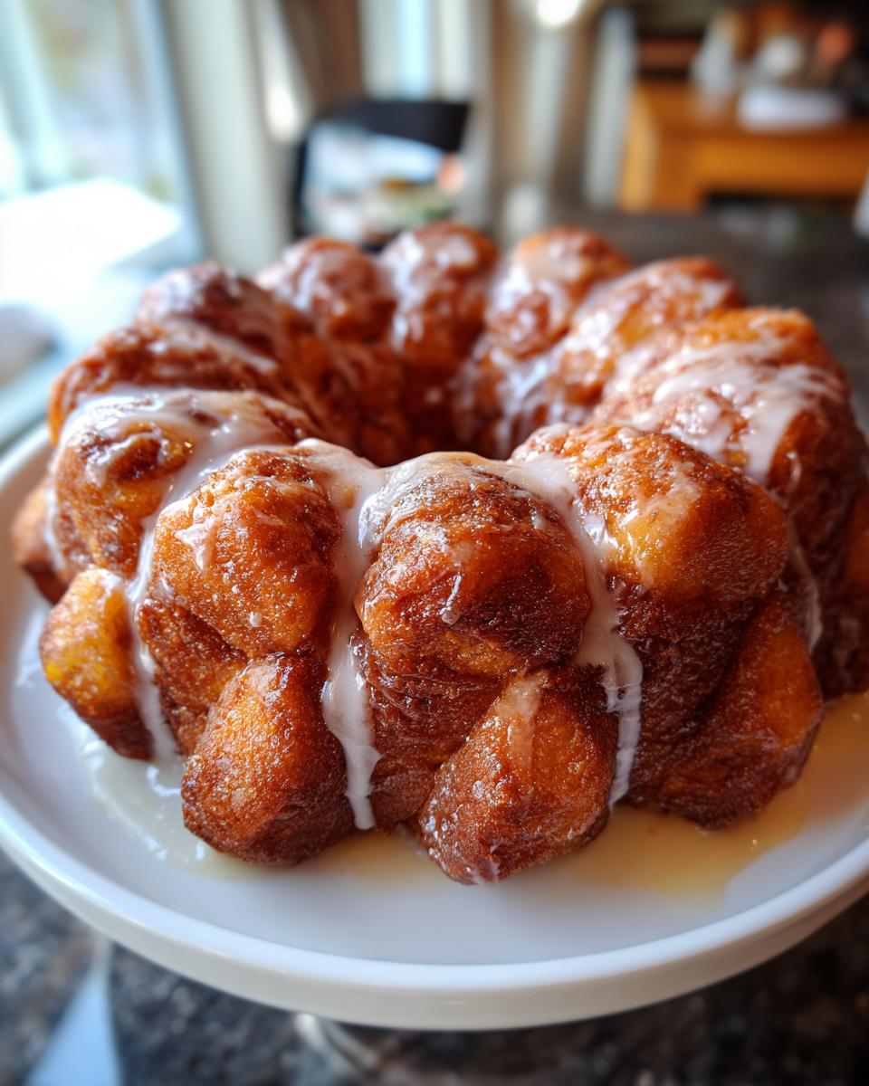 A golden-brown sourdough discard monkey bread drizzled with white glaze on a white cake stand.