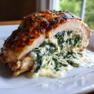 A cross-section of perfectly cooked spinach stuffed chicken, showing creamy filling spilling out.