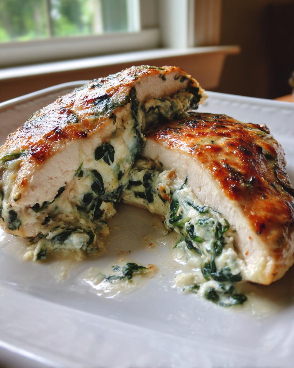 A perfectly cooked spinach stuffed chicken breast cut in half, revealing creamy spinach and cheese filling.