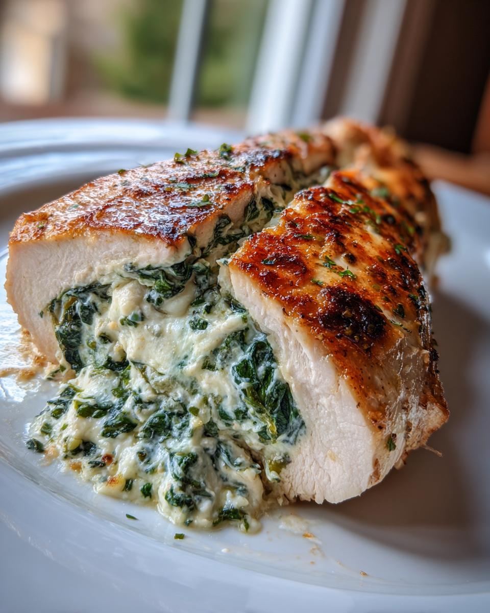 Close-up of juicy spinach stuffed chicken breast sliced open, revealing creamy spinach and cheese filling.