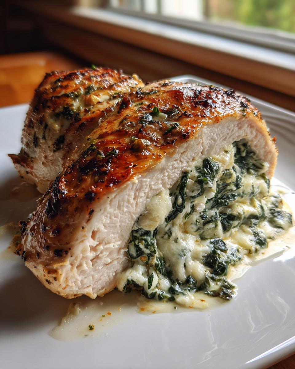 A close-up of spinach stuffed chicken breast sliced in half, showing creamy spinach filling.