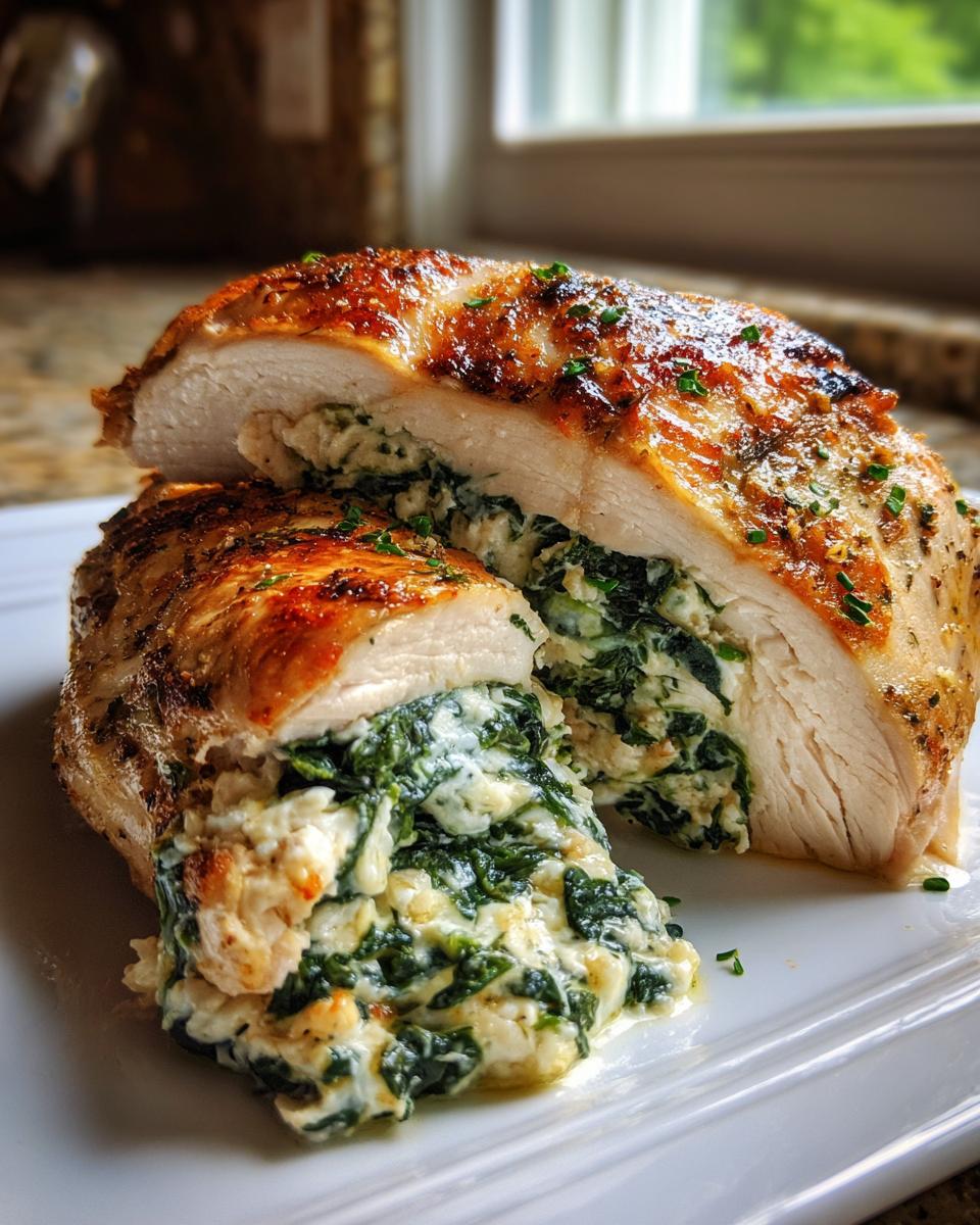 Close-up of a perfectly cooked spinach stuffed chicken breast cut in half, revealing creamy spinach filling.