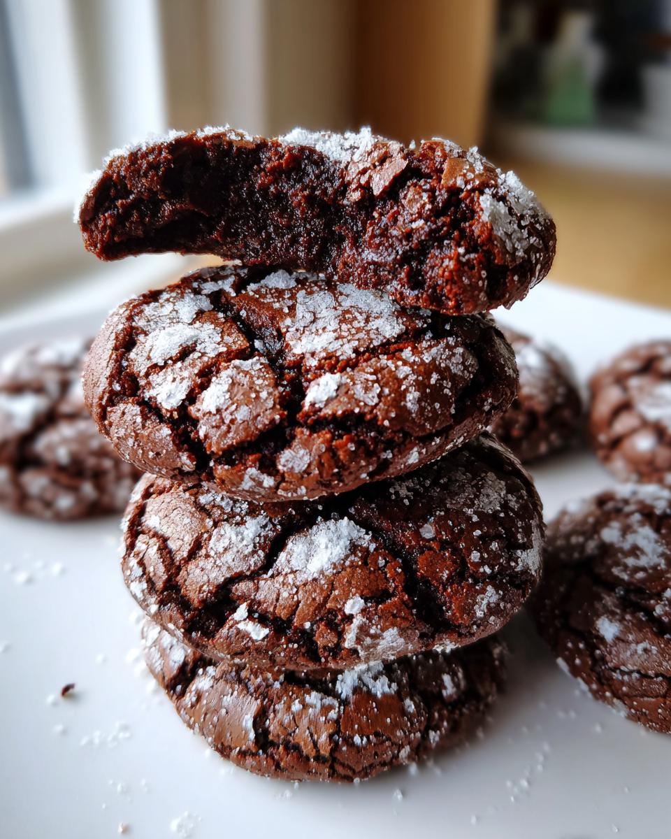 A stack of four rich, dark chocolate crinkle cookies dusted with powdered sugar, with the top cookie broken to show the fudgy interior.