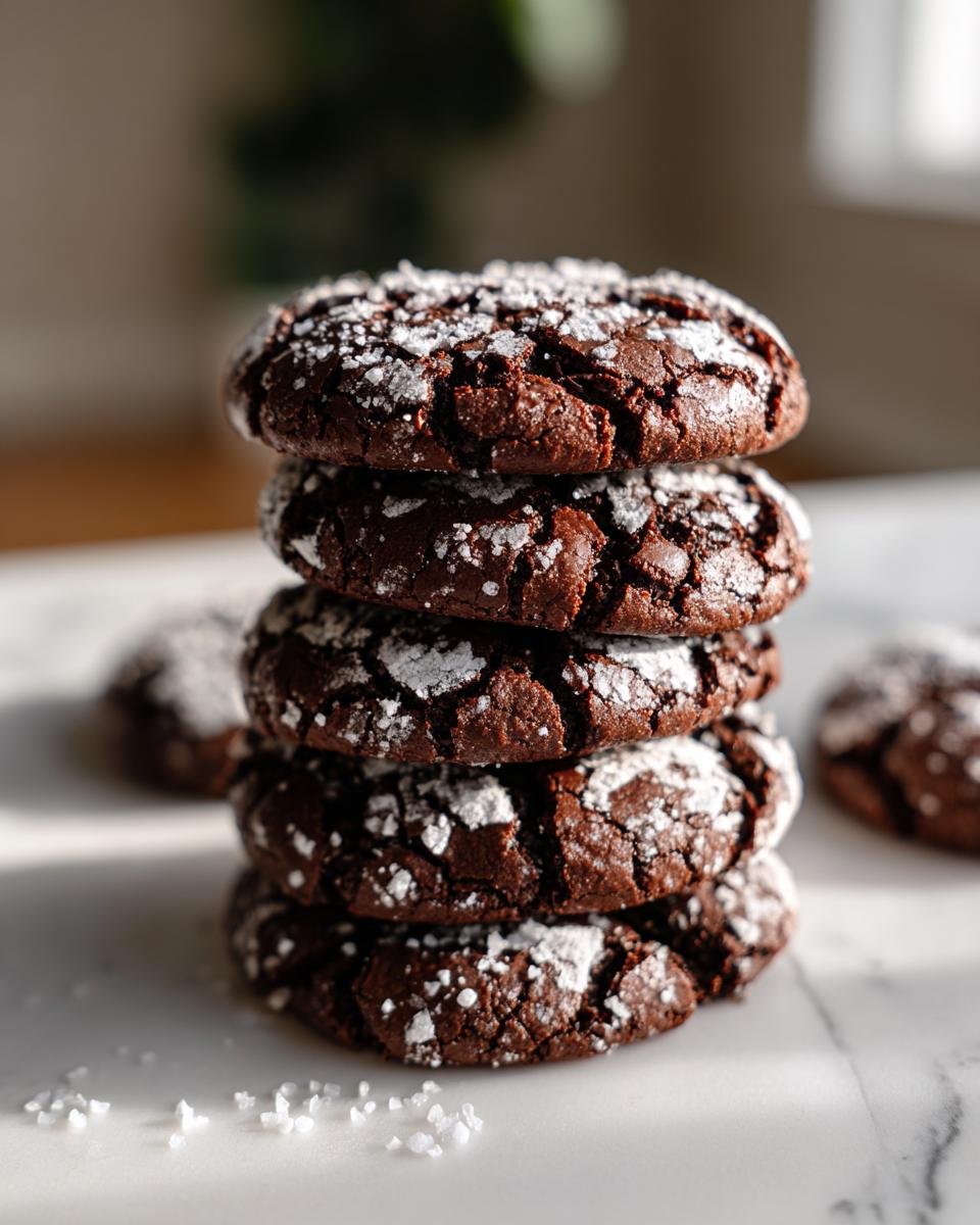 A tall stack of four fudgy chocolate crinkle cookies dusted heavily with powdered sugar.