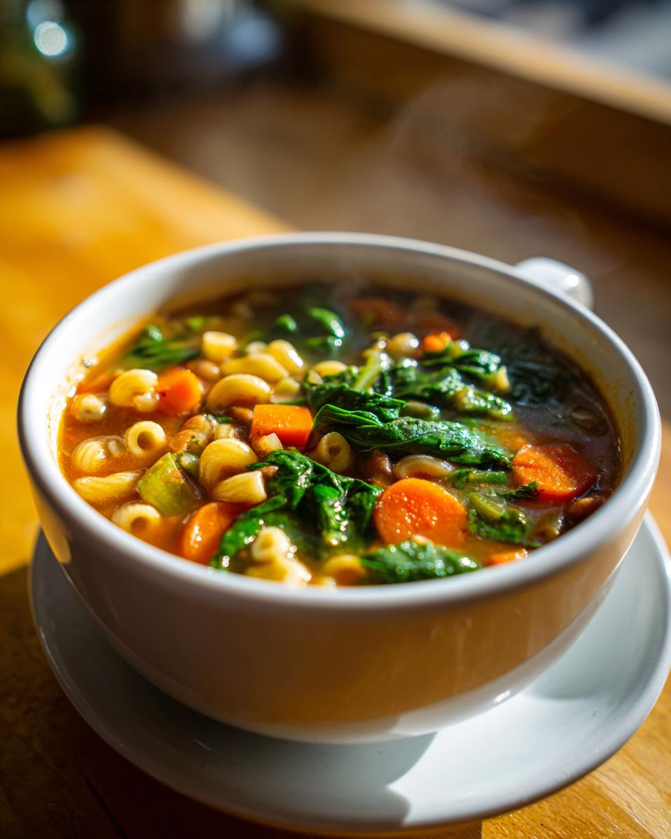 A steaming white bowl filled with hearty minestrone soup featuring pasta, carrots, and spinach.