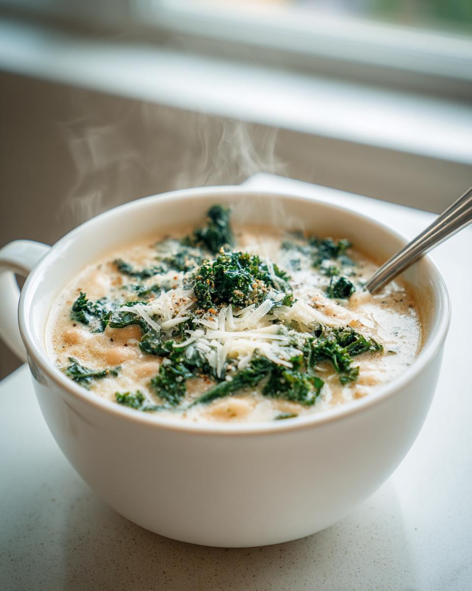 A steaming white bowl filled with creamy Tuscan white bean soup, topped with dark green kale and shredded Parmesan cheese.
