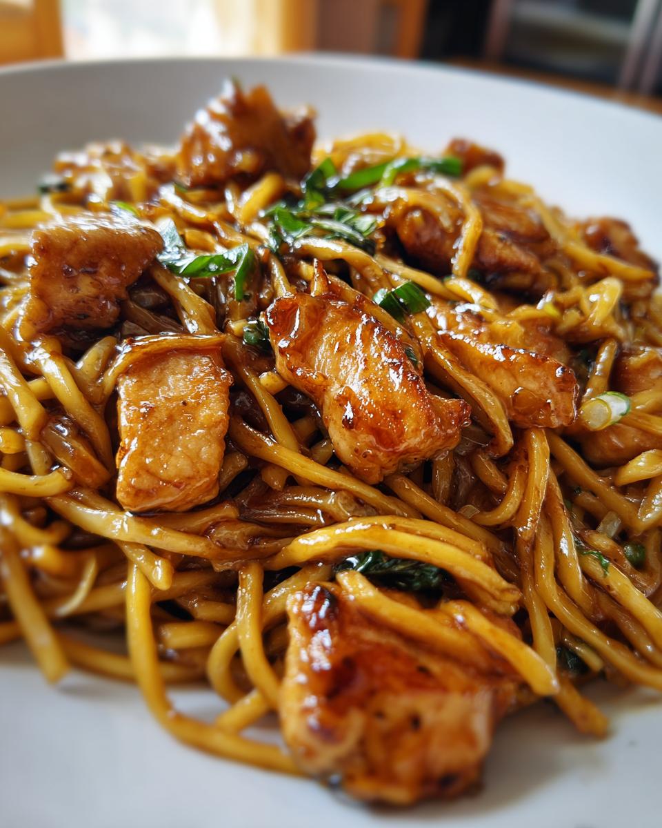 A close-up shot of a bowl filled with sticky garlic chicken noodles, featuring tender chicken pieces coated in a glossy sauce.