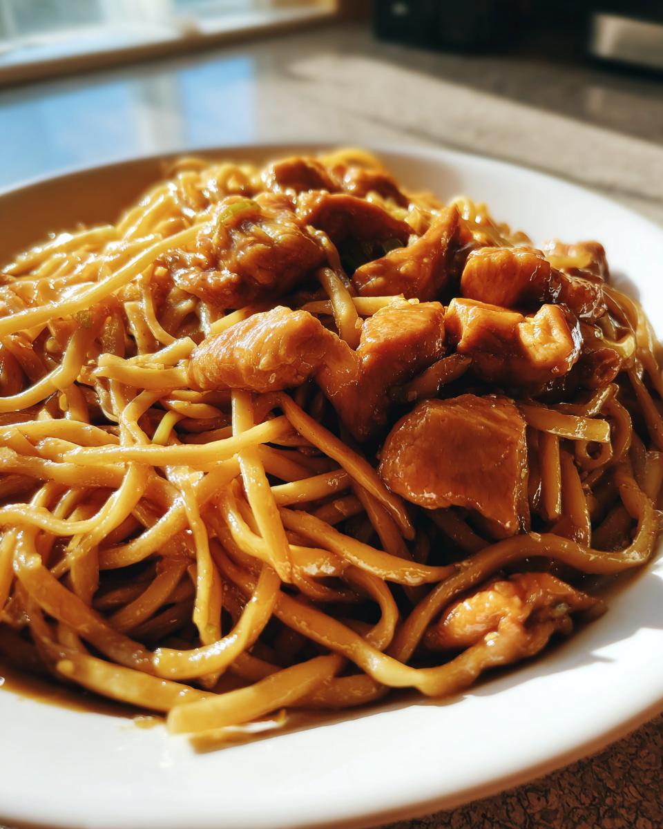 A close-up of a white bowl filled with sticky garlic chicken noodles, showing tender chicken pieces coated in a glossy sauce.