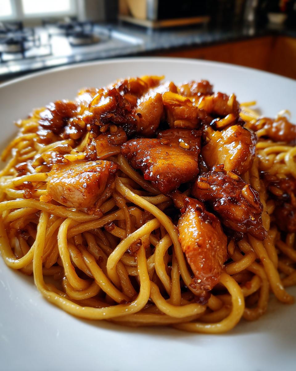 A close-up of a white plate filled with sticky garlic chicken noodles, featuring glossy noodles and tender chicken pieces coated in a rich sauce.