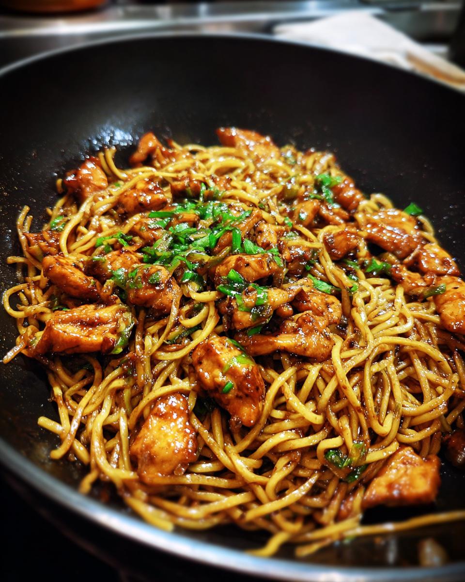 Close-up of sticky garlic chicken noodles being cooked in a wok, garnished with chopped green onions.